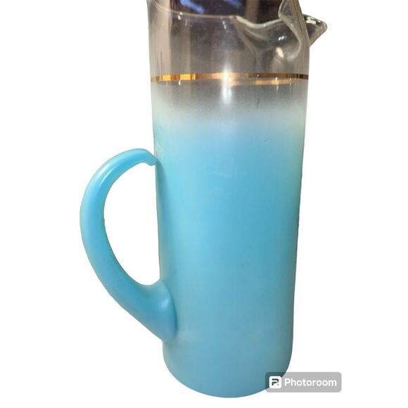 Vintage Blendo glass pitcher handle spout gold trim blue frosted eleven inch - Picture 1 of 14